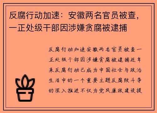 反腐行动加速：安徽两名官员被查，一正处级干部因涉嫌贪腐被逮捕