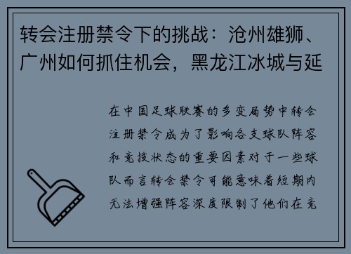 转会注册禁令下的挑战：沧州雄狮、广州如何抓住机会，黑龙江冰城与延边龙鼎的反思之路