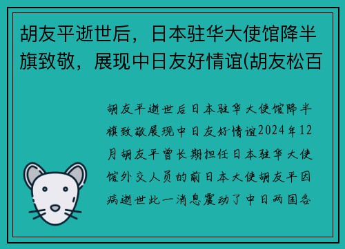胡友平逝世后，日本驻华大使馆降半旗致敬，展现中日友好情谊(胡友松百科)