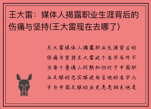 王大雷：媒体人揭露职业生涯背后的伤痛与坚持(王大雷现在去哪了)