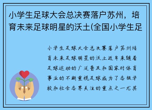 小学生足球大会总决赛落户苏州，培育未来足球明星的沃土(全国小学生足球大会)