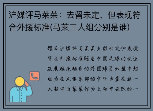 沪媒评马莱莱：去留未定，但表现符合外援标准(马莱三人组分别是谁)
