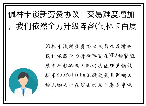 佩林卡谈新劳资协议：交易难度增加，我们依然全力升级阵容(佩林卡百度百科)